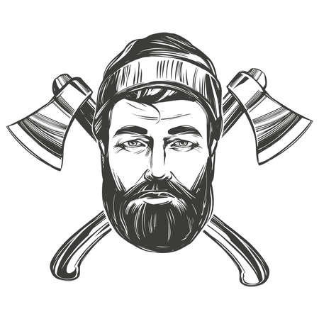 face of a burly woodcutter against the background of axes hand drawn vector illustration sketchのイラスト素材
