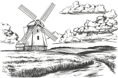 windmill in the field, countryside, summer landscape, hand drawn vector illustration realistic sketchのイラスト素材