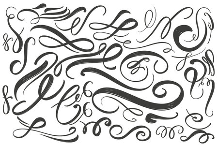 collection of abstract curlicues, isolated strokes on a white background, hand drawn vector illustration sketchのイラスト素材
