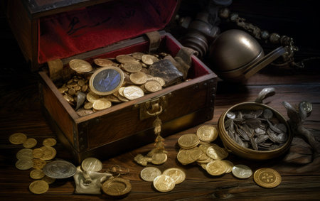 vintage chest with pirate treasures, jewelry, generative aiの素材