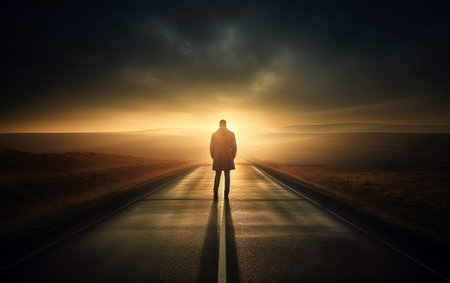 man goes on the road to the distance, the path to success, a journey, generative ai.の素材