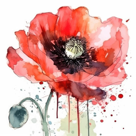 red poppy flower, art illustration painted with watercolors isolated on white background, generative ai.の素材