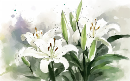 flower lily with green leaves, art illustration painted with watercolors, beautiful floral background, generative ai.の素材