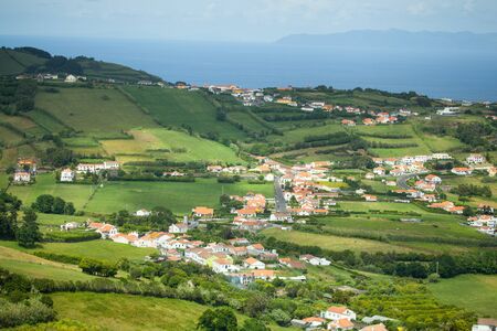Green agricultural pattern of Faial Island, Azores, Portugalの写真素材