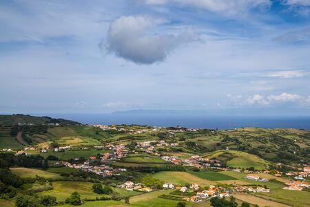 Green agricultural pattern of Faial Island, Azores, Portugalの写真素材