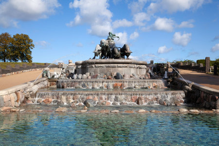 Copenhagen, Denmark - 11 September 2019: Gefion Fountain without people featuring a large-scale group of animal figures being driven by the Norse goddess Gefjonのeditorial素材