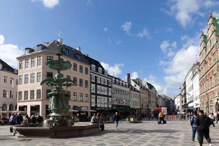 Copenhagen, Denmark - 11 September 2019: Stork Fountain at Amagertorv (Amager Square) on bright dayのeditorial素材
