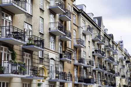 Copenhagen, Denmark - 12 September 2019: Balconies of a modern residential building with diminishing perspective, modern living standardsの写真素材