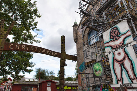 Copenhagen, Denmark - 12 September 2019: Christiania district entrance signのeditorial素材