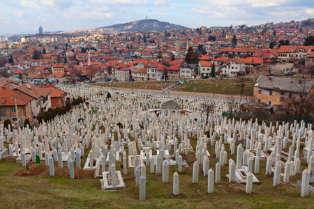 Sarajevo, Bosnia and Herzegovina - 27 February 2019: Multiple gravestones at shaid cemetery at...