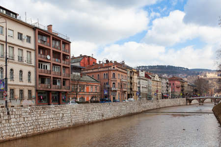 Sarajevo, Bosnia and Herzegovina - 27 February 2019: Obala Kulina bana, architecture of Sarajevo and Latin Bridgeのeditorial素材