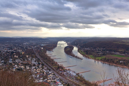 View of Rhine form Drachenfelsbahn Bergstation in marchの写真素材