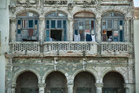 Havana, Cuba - 8 February 2015: Example of colonial architecture on Malecon with balconies and archesのeditorial素材