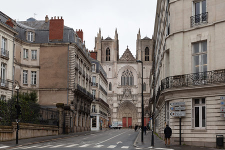 Nantes, France: 22 February 2020: Nantes Cathedral, Cathedral of St. Peter and St. Paul of Nantes, view from Rue General Leclerc de Hauteclocqueのeditorial素材