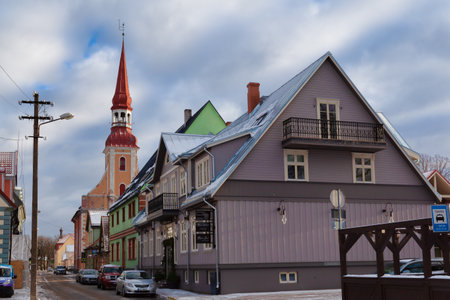 Parnu, Estonia - 18 January 2019: Kuninga street with a view of St. Elizabeth's Churchのeditorial素材