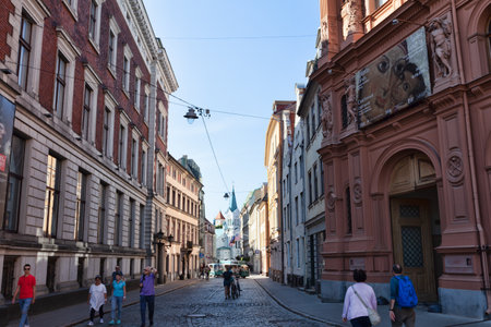 Riga, Latvia - 24 August 2019 - Pils street and the art museum Riga bourseのeditorial素材