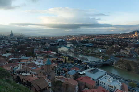 Tbilisi, Georgia - 23 March 2016: panoramic view of the georgian capital at sunset