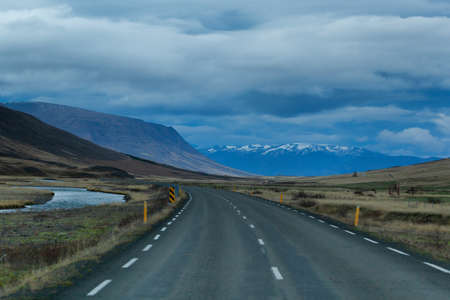 Route 1 with dramatic sky on frosty morning, Icelandの写真素材