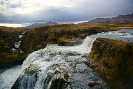 Reykjafoss waterfall with dramatic sky, Icelandの写真素材