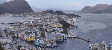 Alesund, Norway: 5 May 2022 - Panoramic view of town seen from Aksla viewpointのeditorial素材