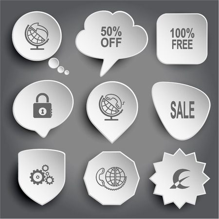 globe and arrow, 50% OFF, 100% free, closed lock, globe and handset, sale, gears, global communication, monetary sign. White vector buttons on gray.のイラスト素材