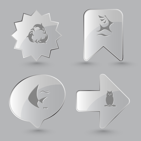4 images: killer whale as recycling symbol, deer, fish, owl. Animal set. Glass buttons on gray background. Vector icons.のイラスト素材