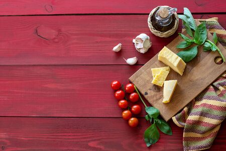 Ingredients for Italian cuisine. Wooden backgroundの写真素材