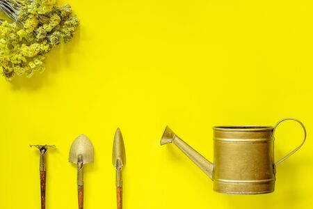 Set of tools to care for flowers on a yellow background. Flowers. Flat layの写真素材