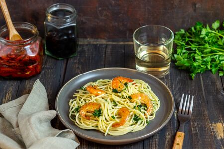 Italian pasta spaghetti with shrimps. Healty eating. Recipes. National cuisineの写真素材
