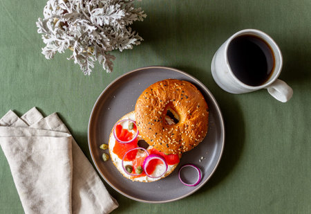 Bagels with salmon, white cream cheese and capers. Recipes. Healthy eating. Breakfast