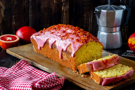 Homemade orange cake on a wooden background. Red oranges. Recipes. Pastries. Vegetarian food