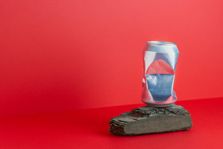 Crumpled aluminum can on a red background. Without plastic. Environmental pollution. Minimalism....