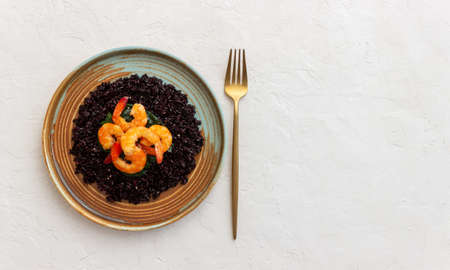 Black rice risotto with shrimp. Sea food. Diet. Healthy eatingの写真素材