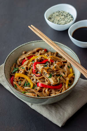 Noodles with pork, pepper and soy sauce. Asian food. Wokの写真素材