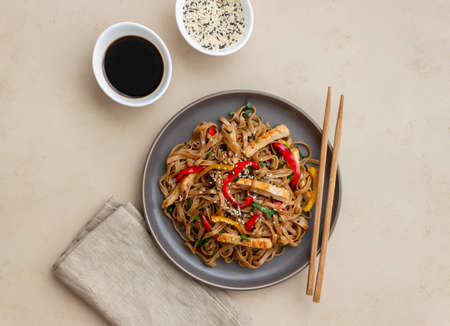 Noodles with pork, pepper and soy sauce. Asian food. Wokの写真素材