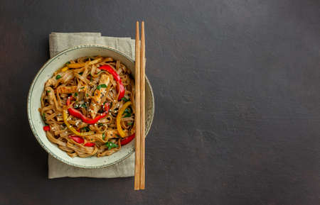 Noodles with pork, pepper and soy sauce. Asian food. Wokの写真素材