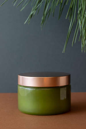 Cosmetics green. Natural cosmetics. Skincare. Mock-up Copy spaceの写真素材