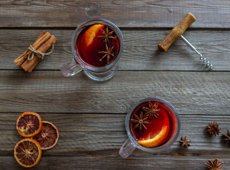 Mulled wine with cinnamon and orange. Hot drink. Winter. Recipeの写真素材