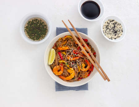 Noodles with shrimps, pepper and soy sauce. Asian food. Wokの写真素材