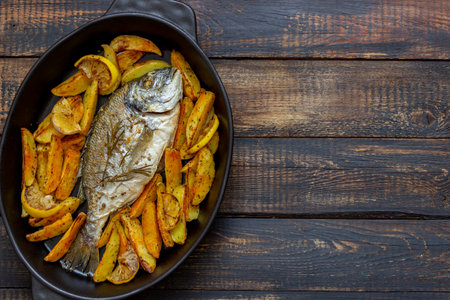 Dorado or sea bream baked with potatoes and lemon. Healthy eating. Dietの写真素材