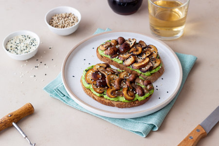 Bruschetta with mushrooms and avocados. Healthy eating. Vegetarian food. Keto dietの写真素材