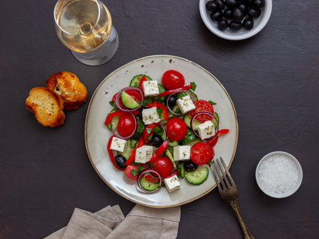 Greek salad with tomatoes, cucumbers, cheese, onions, peppers and olives. Healthy eating Vegetarian foodの写真素材