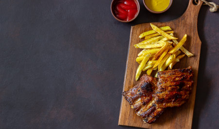 Barbecue ribs with French fries. American cuisine. Grill. Bbq