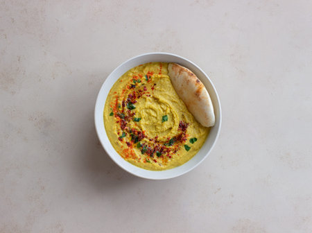 Hummus with seasonings and pita. Healthy eating. Vegetarian food. Diet