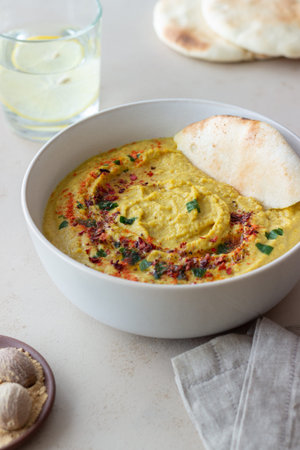 Hummus with seasonings and pita. Healthy eating. Vegetarian food. Diet