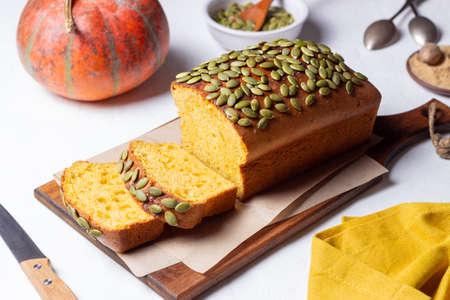 Pumpkin bread with seeds. Baking. Vegetarian food. cakeの写真素材
