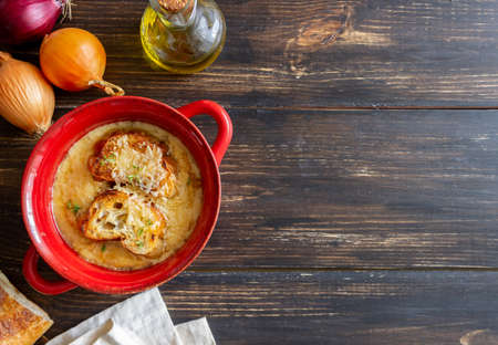 French onion soup with toasts and cheese. French cuisine. Vegetable foodの写真素材