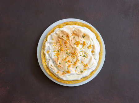 Lemon pie with meringue. Tart. Bakery products Dessert
