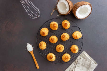Coconut cookies on a dark background. Baking. Vegetable foodの写真素材