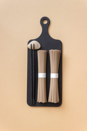 Uncooked soba noodles. Japanese food. Vegetarian food. asian food